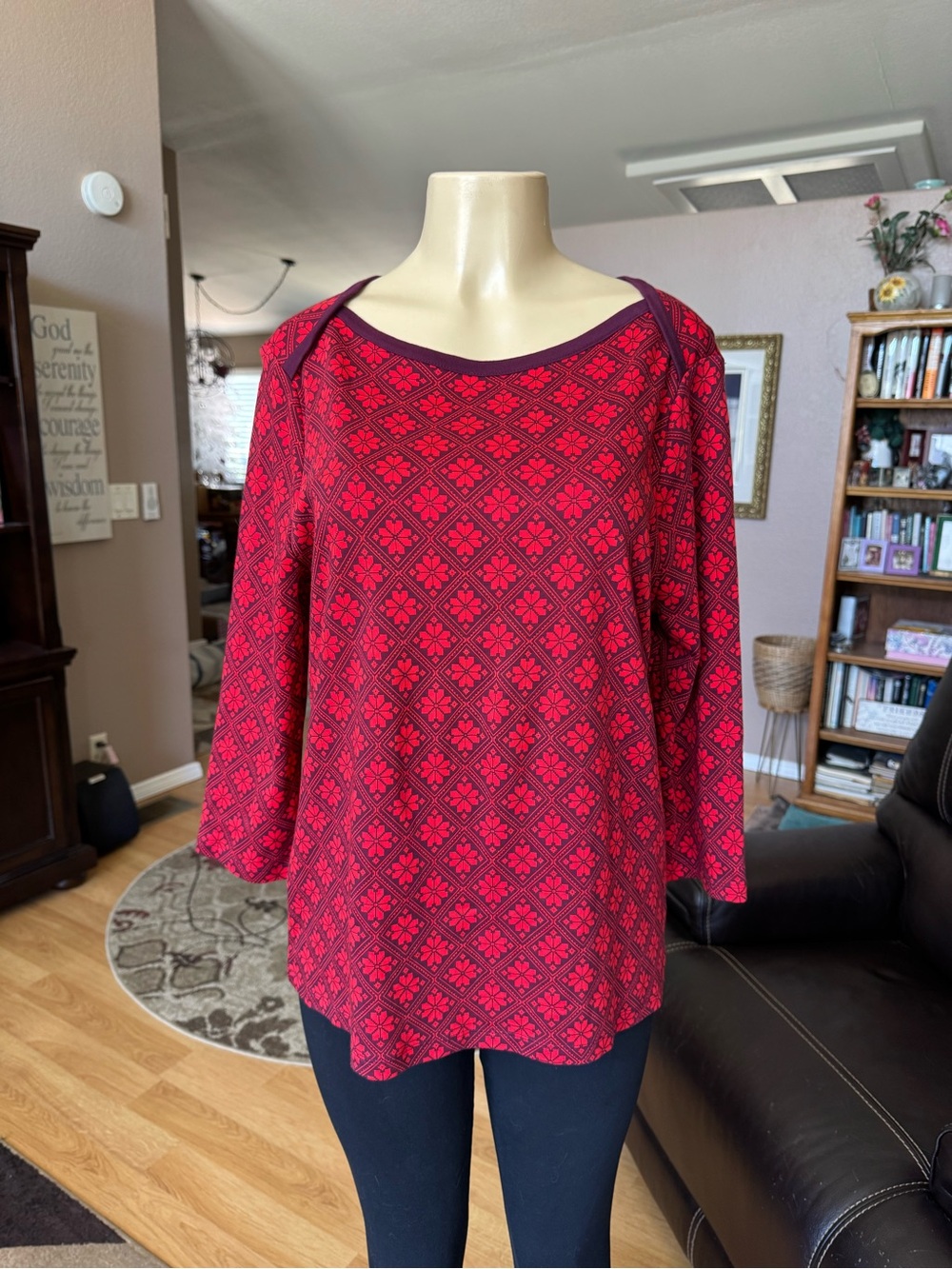 Style & Co red & black floral long sleeve Pima cotton blouse-size L